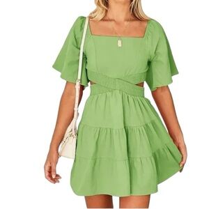 Shy Velvet Summer Dress Square Neck Short Bell Sleeves Cut Out Waist Green XL
